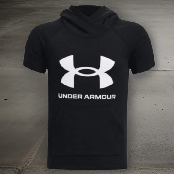 UNDER ARMOUR • Black Short Sleeve Hoodie Workout Rival Sweatshirt Athletic - Picture 2 of 4